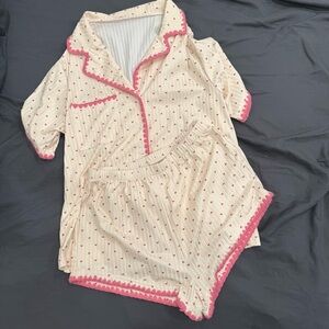 Coquette Aesthetic Ribbed Heart Pajamas Shorts Set with Scalloped Trim-Medium